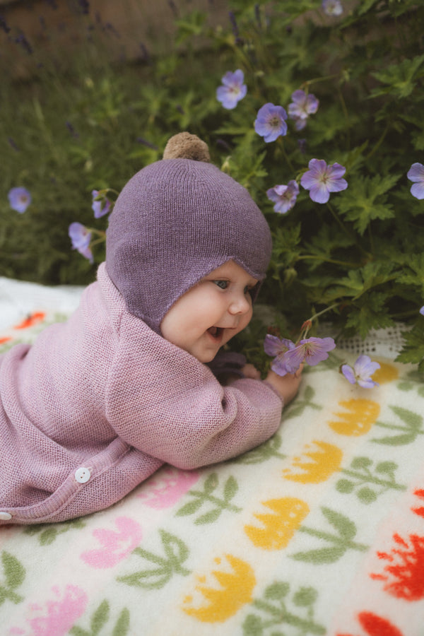 Cashmere Baby Bonnet, Purple Rain with Stoneage Pom