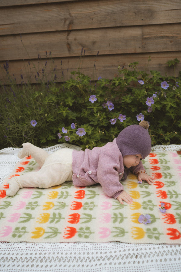 Cashmere Baby Bonnet, Purple Rain with Stoneage Pom