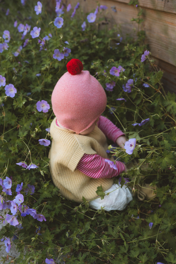 Cashmere Baby Bonnet, Dusky Pink + Chianti Pom