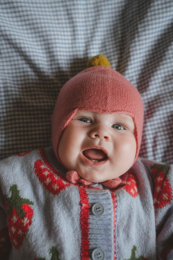 Cashmere Baby Bonnet, Venetian Rose with Gold Dust Pom