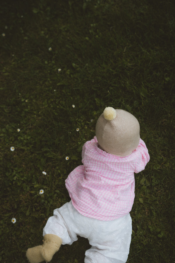 Cashmere Baby Bonnet, Alabaster with Lemon Pom