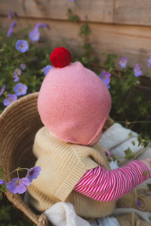 Cashmere Baby Bonnet, Dusky Pink + Chianti Pom