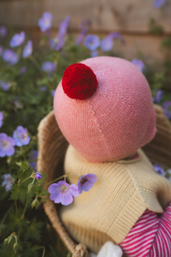 Cashmere Baby Bonnet, Dusky Pink + Chianti Pom