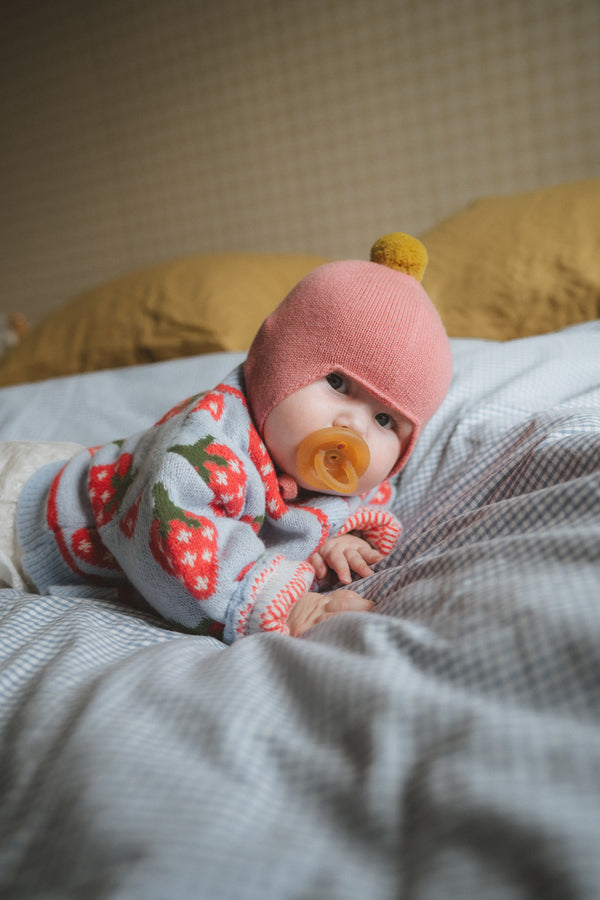 Cashmere Baby Bonnet, Venetian Rose with Gold Dust Pom
