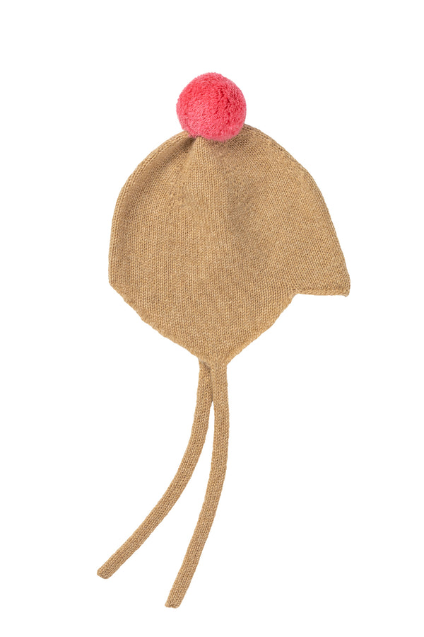 Cashmere Baby Bonnet, Camel with Blusher Pom